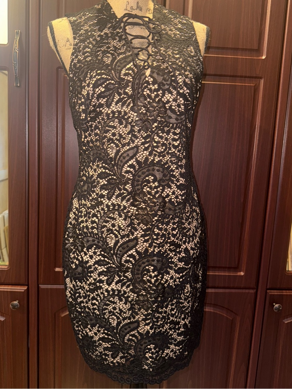Alexia Admor Black Lace Mini Dress with Nude Underlay